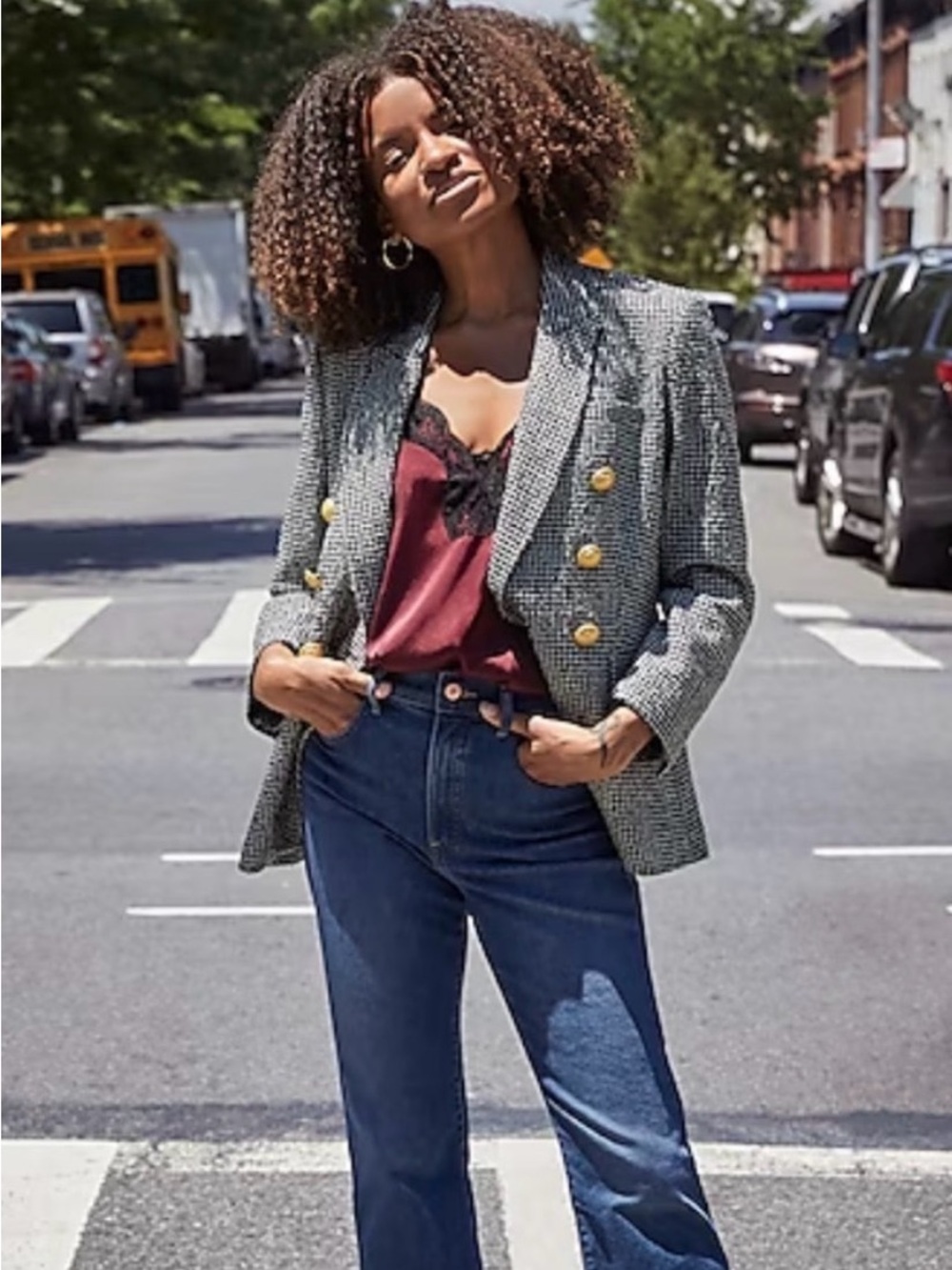 Double-Breasted Tweed Houndstooth Blazer -